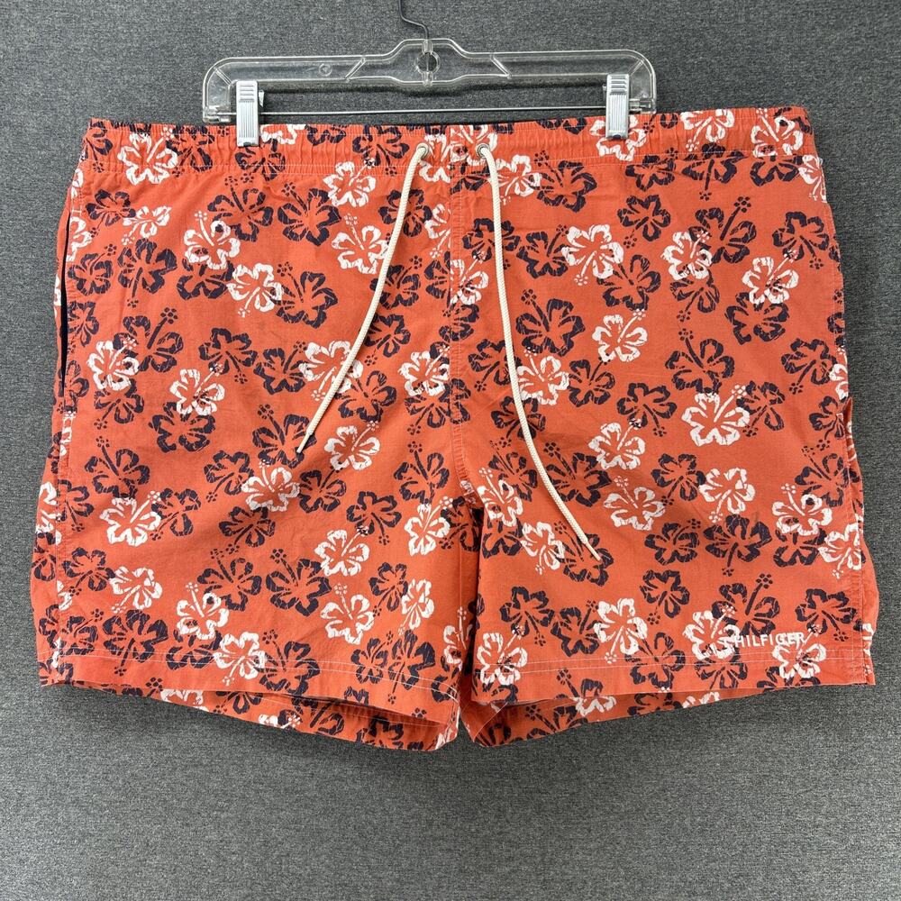 VTG Tommy Hilfiger Swim Shorts Mens XL Orange Floral Hibiscus Board Trunks Y2K